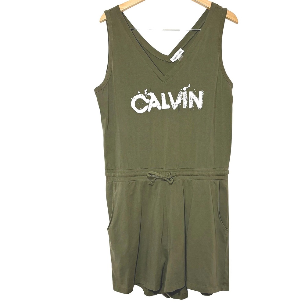 Calvin Klein Womens Olive Green Logo Graphic Sleeveless Knit Romper Large L